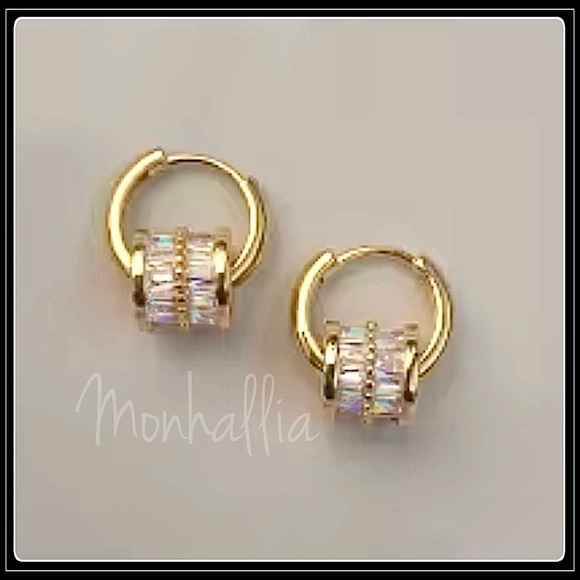 NEW GOLD SIMULATED BAGUETTE DIAMOND "BELOVED" LUCKY WHEEL HOOP EARRINGS - Picture 3 of 6